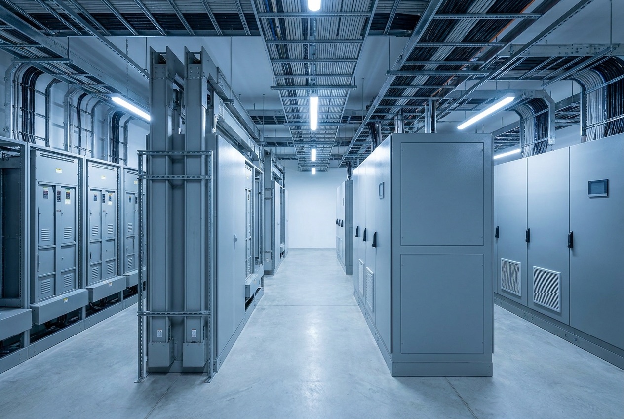 Rows of electrical switchgear and power distribution equipment in a data center