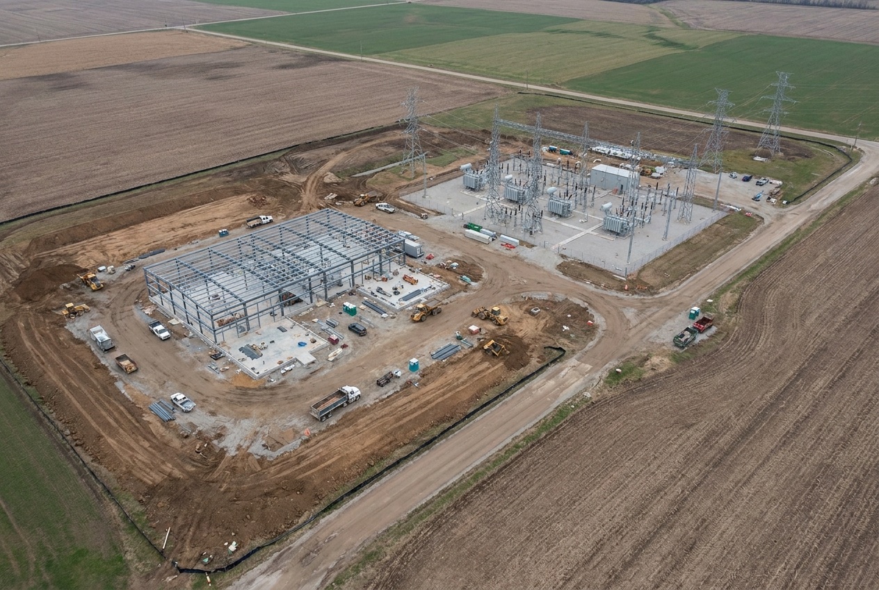 Aerial of a data center under construction beside its high-voltage substation